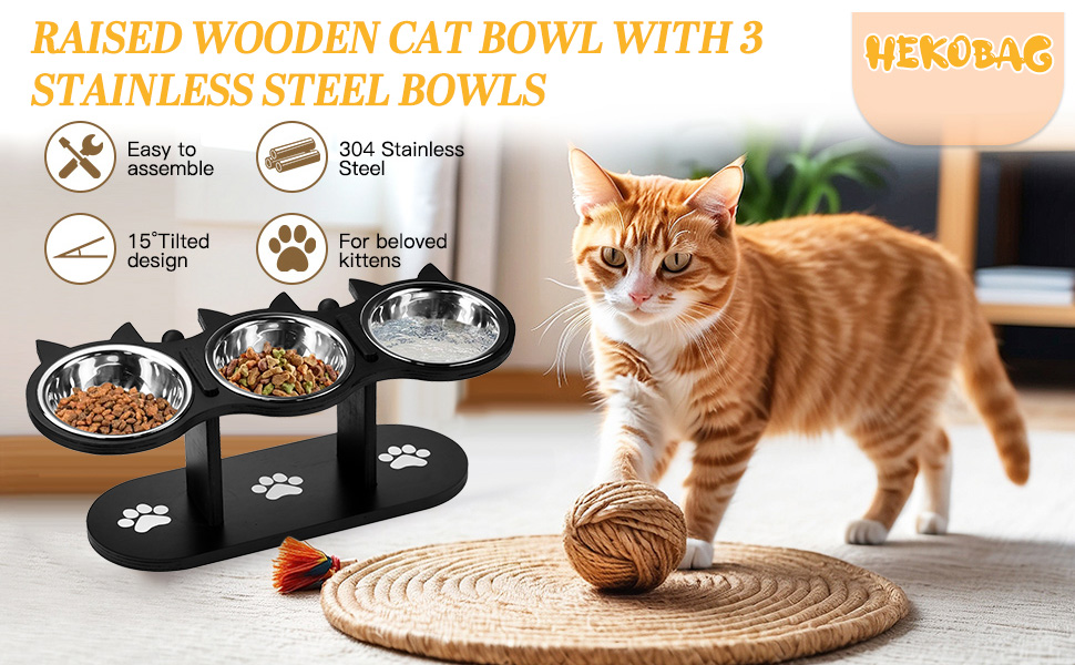 Набір мисок для котів 3 шт. з нержавіючої сталі, підняті миски для котів та маленьких собак, дерев'яна годівниця для котів, чорний колір
