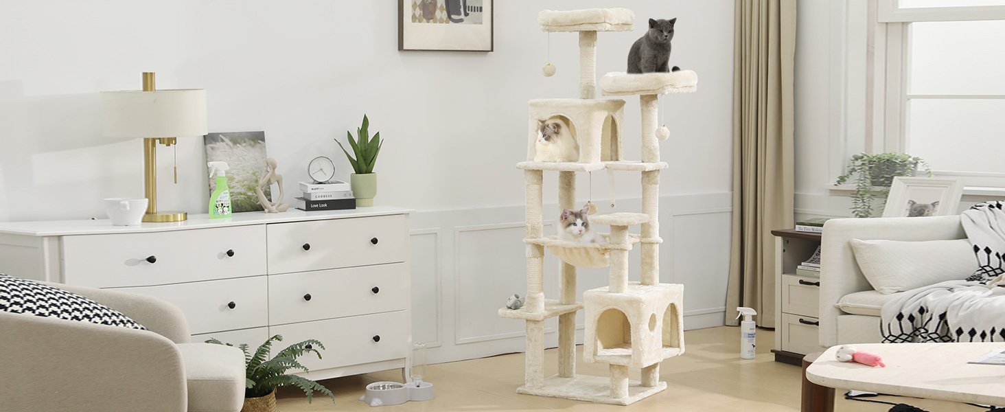 Кігтеточка для котів MSmask велика, стабільна, багатоярусна з 2 платформами, 2 будиночками, гамаком, сизалевими стовпчиками (Бежева, 160 см)