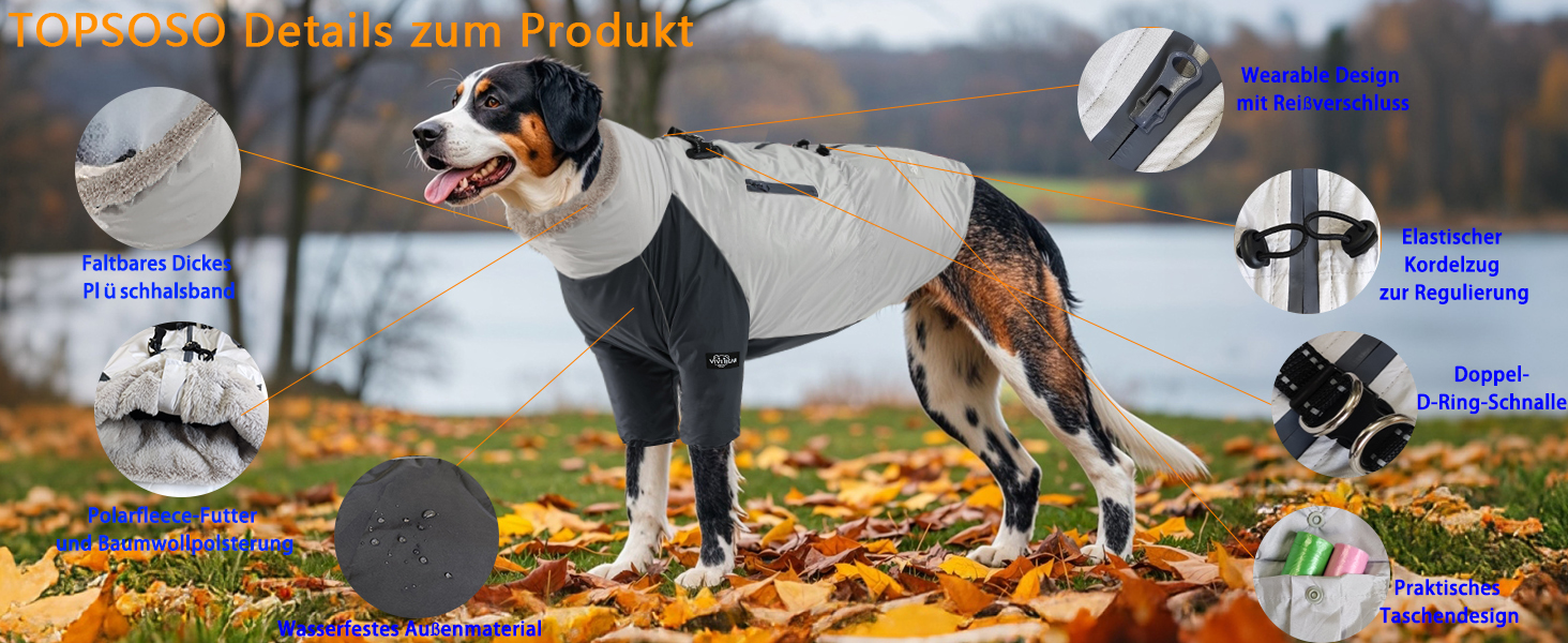 Тепла зимова куртка для собак великих порід XXL, водонепроникна, з капюшоном, кишені, блискавка, шнурок, D-Ring, кашмір