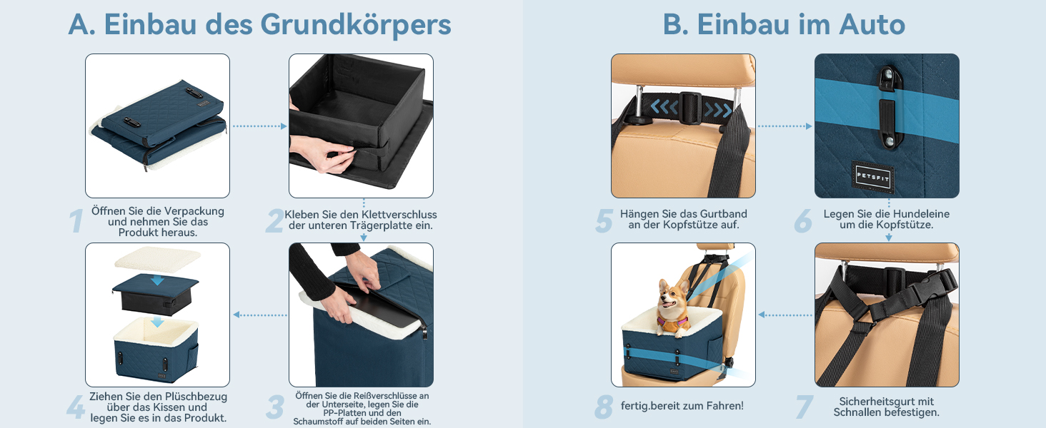 Автомобільний лежак для собак PETFIT, 12.5 см, блакитний, до 12 кг, з підкладкою