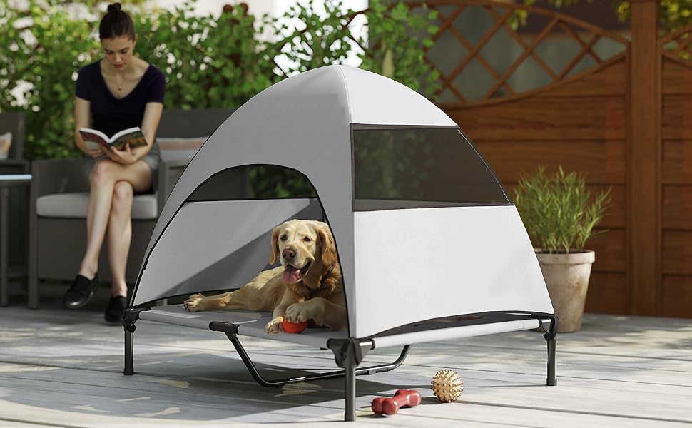 Лежанка для собак PawHut Outdoor з дахом, підняте ліжко для середніх собак, ліжко для домашніх тварин з охолоджуючим ефектом, миється сітчастий сталевий каркас, переносна сумка, ліжко для собак для вулиці, кемпінгу 76x61x71cm, (L 91 x W 76 x H 90 cm, світло-сірий)