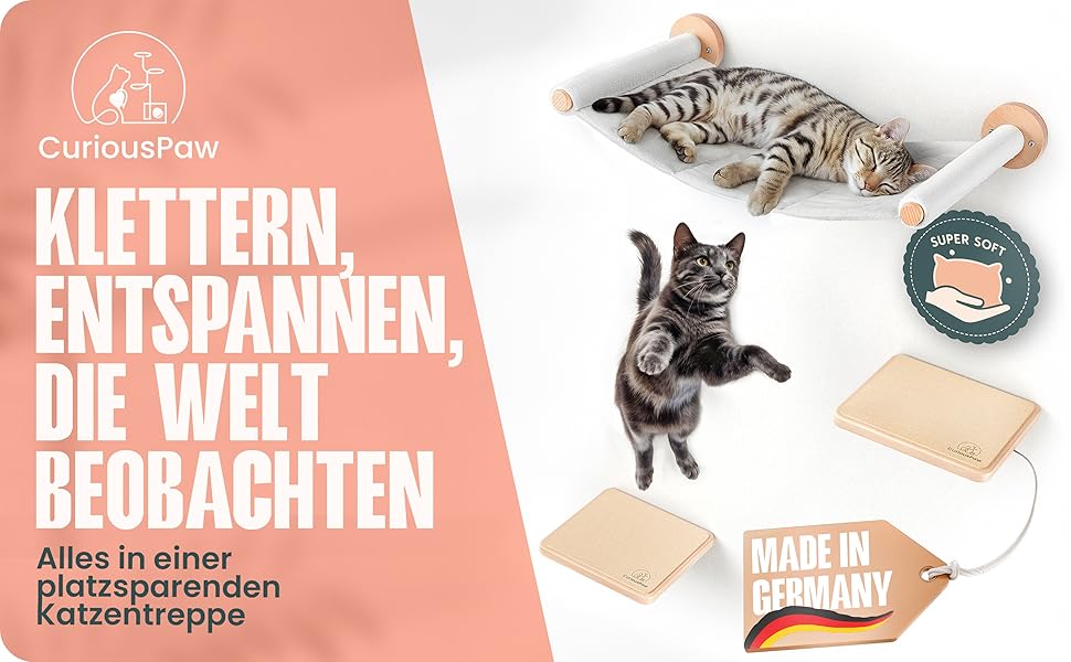 Кігтеточка-стіна Curious Paw для котів з гамаком - великі сходи з бука (Made in Germany), 2 сходи та гамак