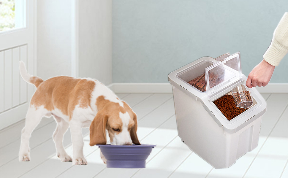 Контейнер для корму для тварин, контейнер для корму для собак зі шкребком, стекується, 10 кг, контейнер з кришкою, сірий, розмір L