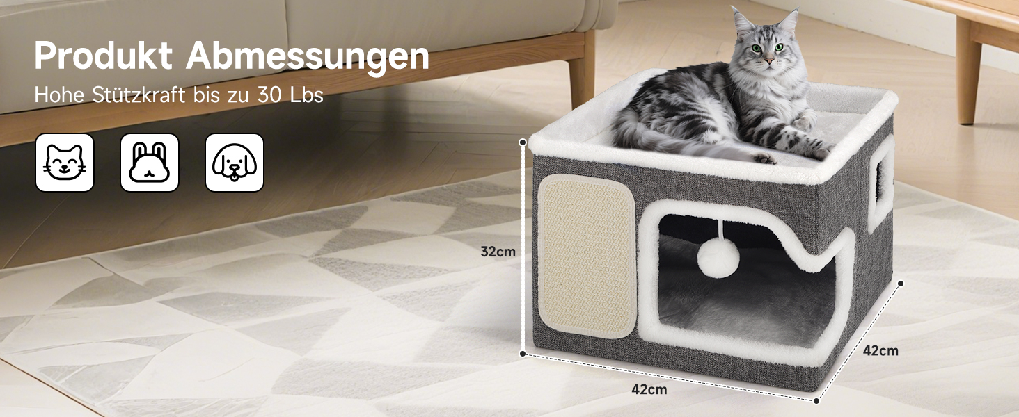 Кігтеточка-будиночок для котів Shikha, 2-ярусна, сіра, XXL, з ігровим м'ячиком, 61x45x32 см