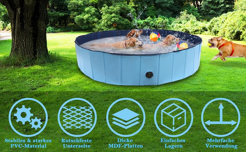 Складаний басейн для собак Sonnewelt 120x30 см з пластиковим дном, антиковзний, із щіткою для купання, для великих і малих собак