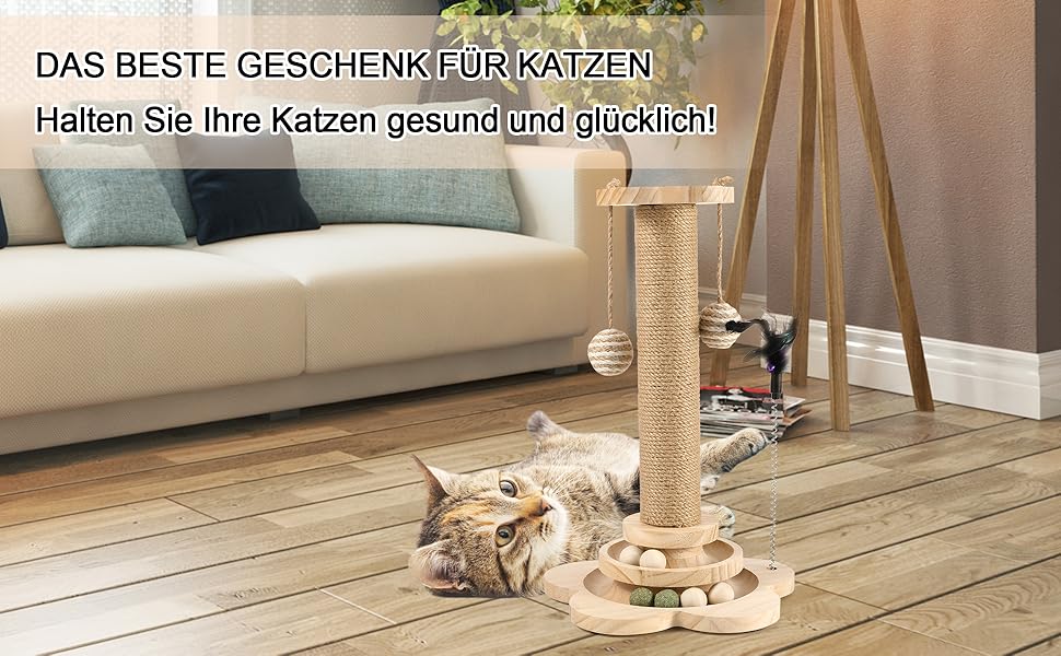 Котячий когтетоп Newofview: когтетоп-стійка 40 см з іграшками, м'ячиком, обертовим диском, пір'ям та мотузкою з сизалю