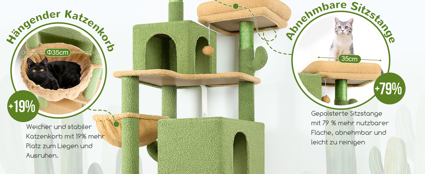 Драбина для котів Globlazer Kaktus XXL, 195 см: 2 будиночки, 2 стійки, гамак, кошик. Стабільна, для дорослих котів.