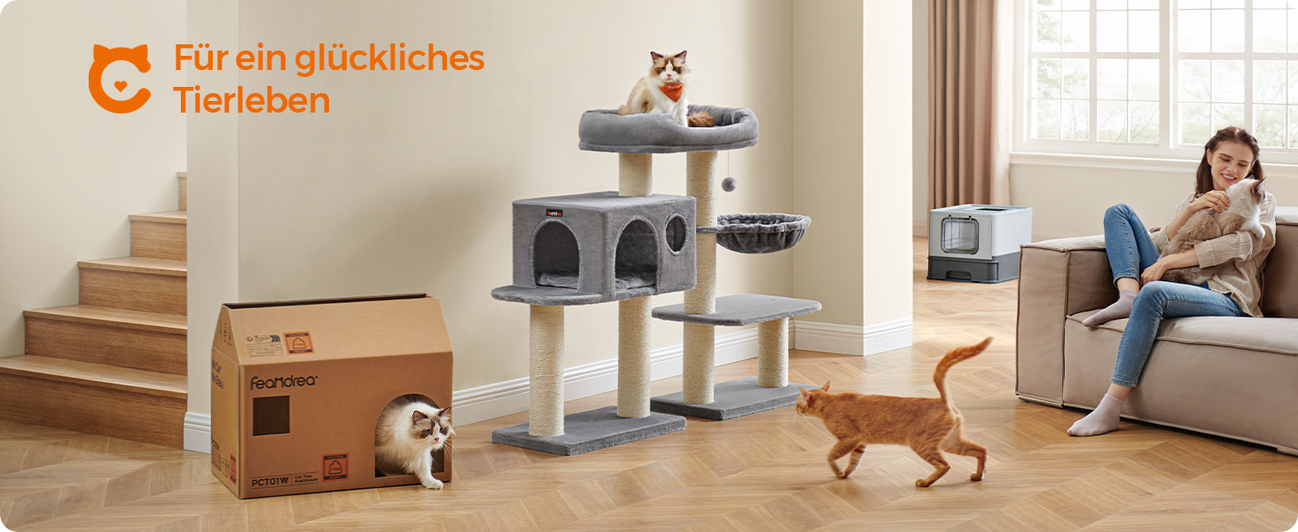 Драбина для котів Feandrea XXL: міцна, з 6 товстими стовпчиками, платформа, будиночок, кошик, сіра