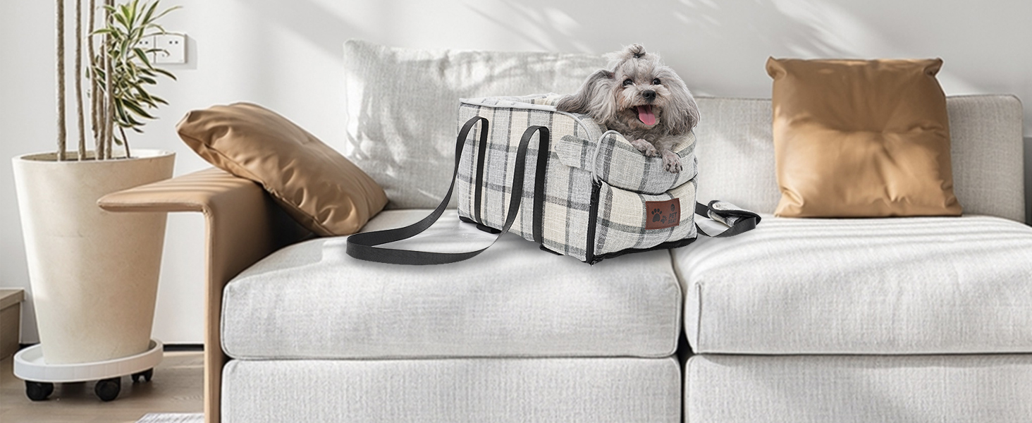 Автокрісло для собак та котів, середньої консолі, стабільне, з ременем, знімний, миючий, для собак та котів середніх порід до 6 кг (у клітинку)