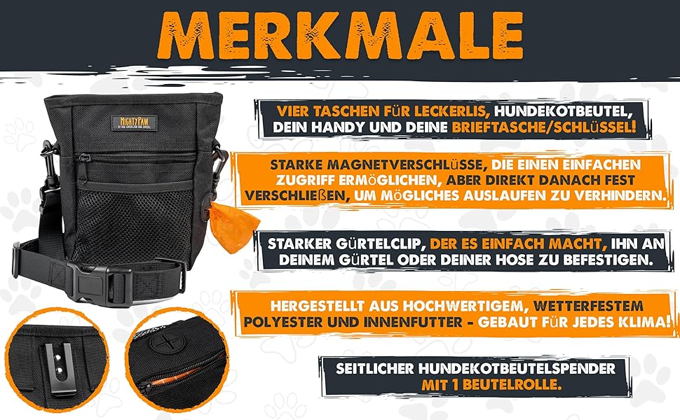 Футляр для ласощів Mighty Paw для собак, 2.0 | Сумка для тренування собак - Лотік для собак - Пет тренінг, сумка для ласощів з ремінцем - Магнітна застібка (Помаранчевий/Чорний)