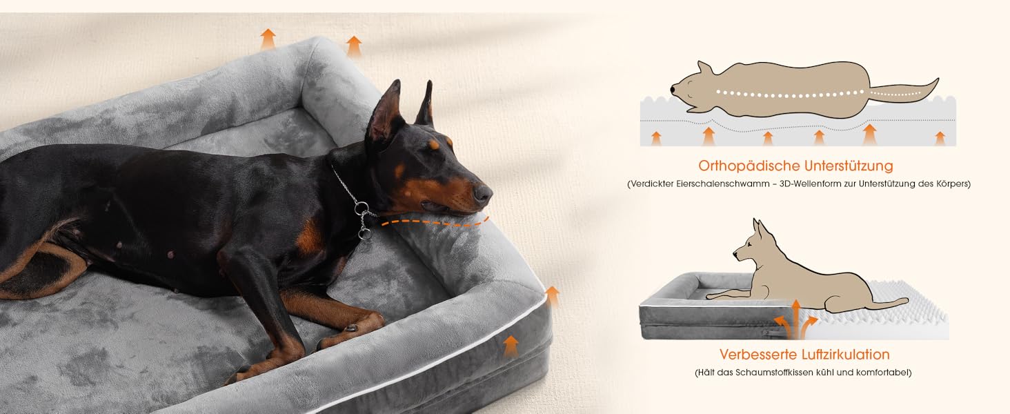 Ортопедичне ліжко для собак великих порід, кошик для собак, що можна прати, з піною у формі яйця, водовідштовхуване ліжко для собак з неслизьким дном та чотиристоронньою подушкою (сірий, 61x91x18 см)