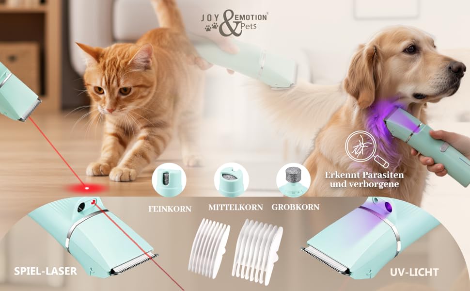 Машинка для стрижки собак та котів JOY & EMOTION® 6-в-1 з лазером та УФ-світлом | Бездротова машинка для грумінгу тварин | Тиха машинка для стрижки кігтів