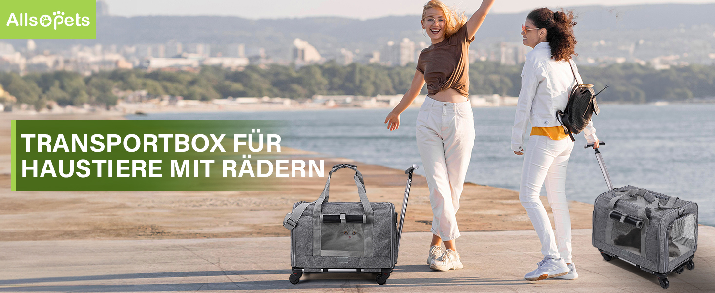 Переноска для тварин ALLSOPETS з колесами для котів та собак, сіра, для подорожей літаком