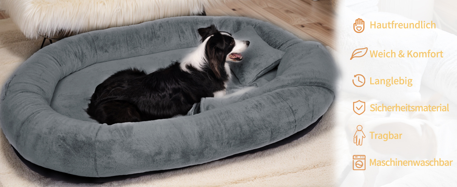 Крісло-мішок для собак та людей NESTROAD, 180x114x35 см, сірий, з штучним хутром, подушкою та ковдрою