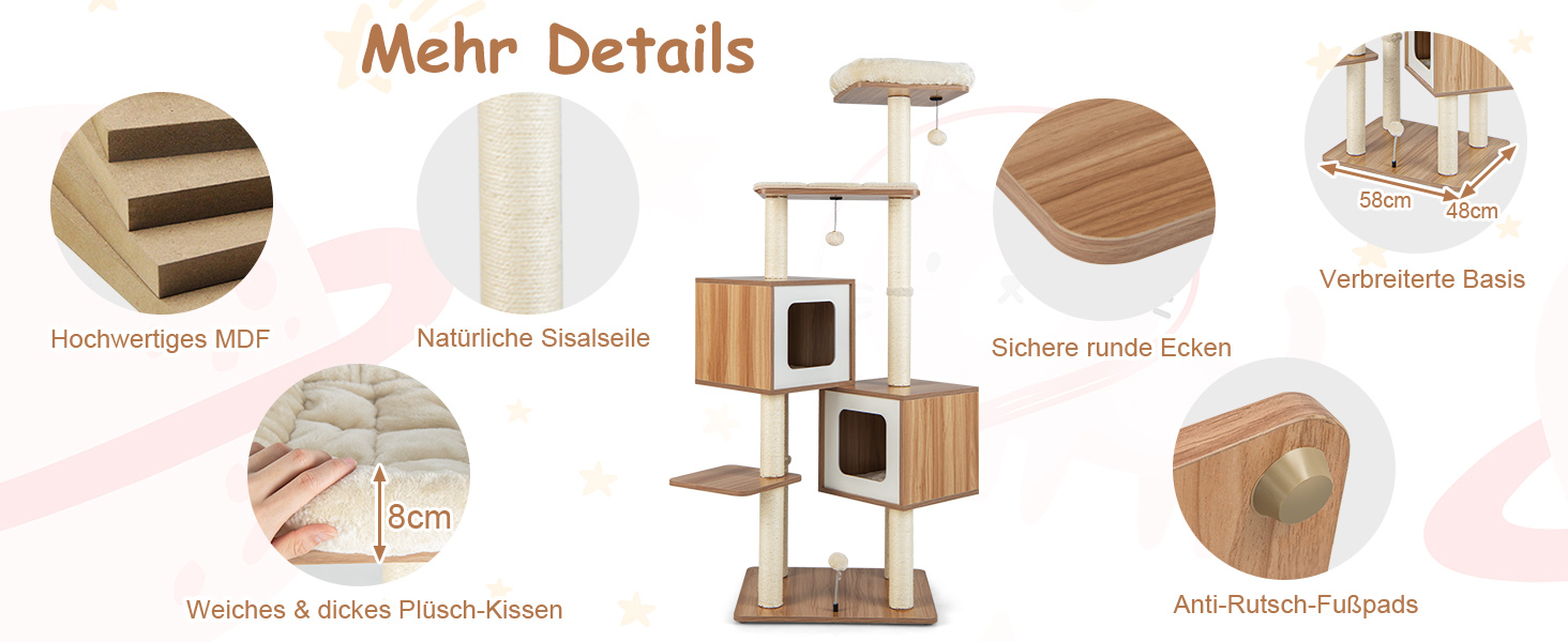 Дерев'яний кігтеточки COSTWAY 163 см, 6-ярусний, з 2 печерами, 2 килимками та 3 іграшками, для котів, бежевий+натуральний колір