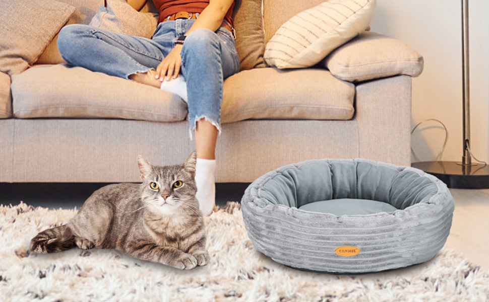 Кругле ліжко для котів та собак, сіре, 50.8 см, з м'яким флісовим покриттям, миється, зручне для сну