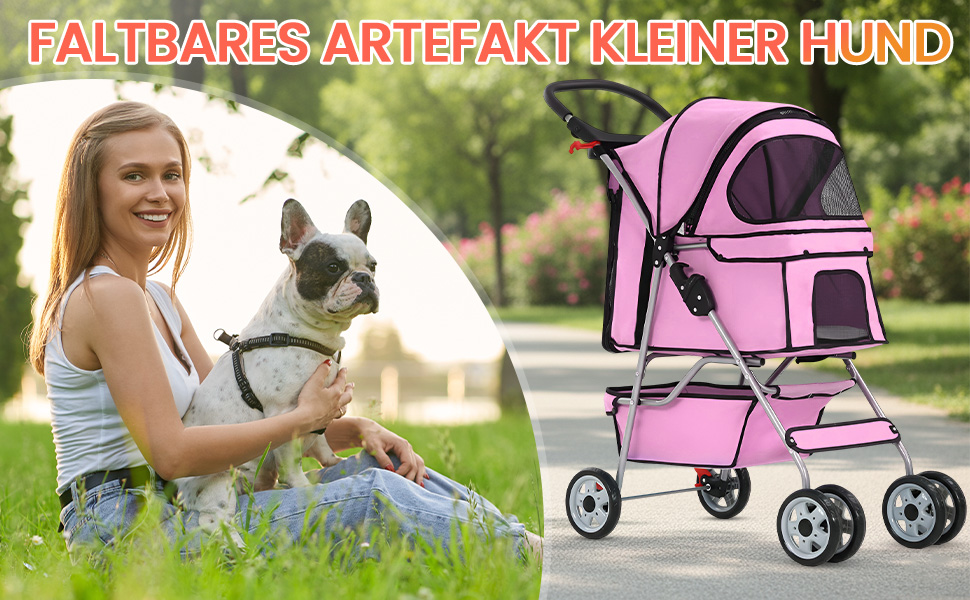 Візок для собак FDW, складаний, для котів та собак, з обертовими колесами на 360°, з кошиком для зберігання, подушкою та сітковими віконцями, утримувачем для напоїв, до 15 кг, рожевий