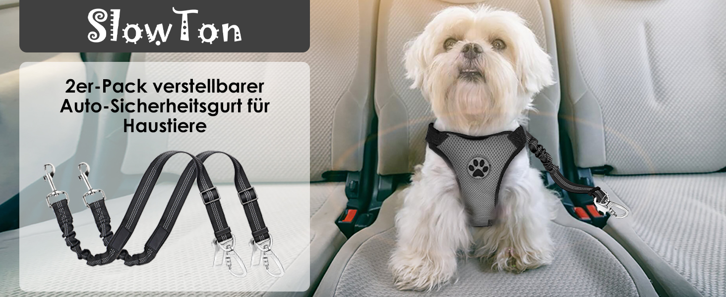 Поясний ремінь безпеки для собак SlowTon (2 шт.) - автолеєрка з регулюванням, еластичний амортизатор, міцний нейлон, світловідбиваючий