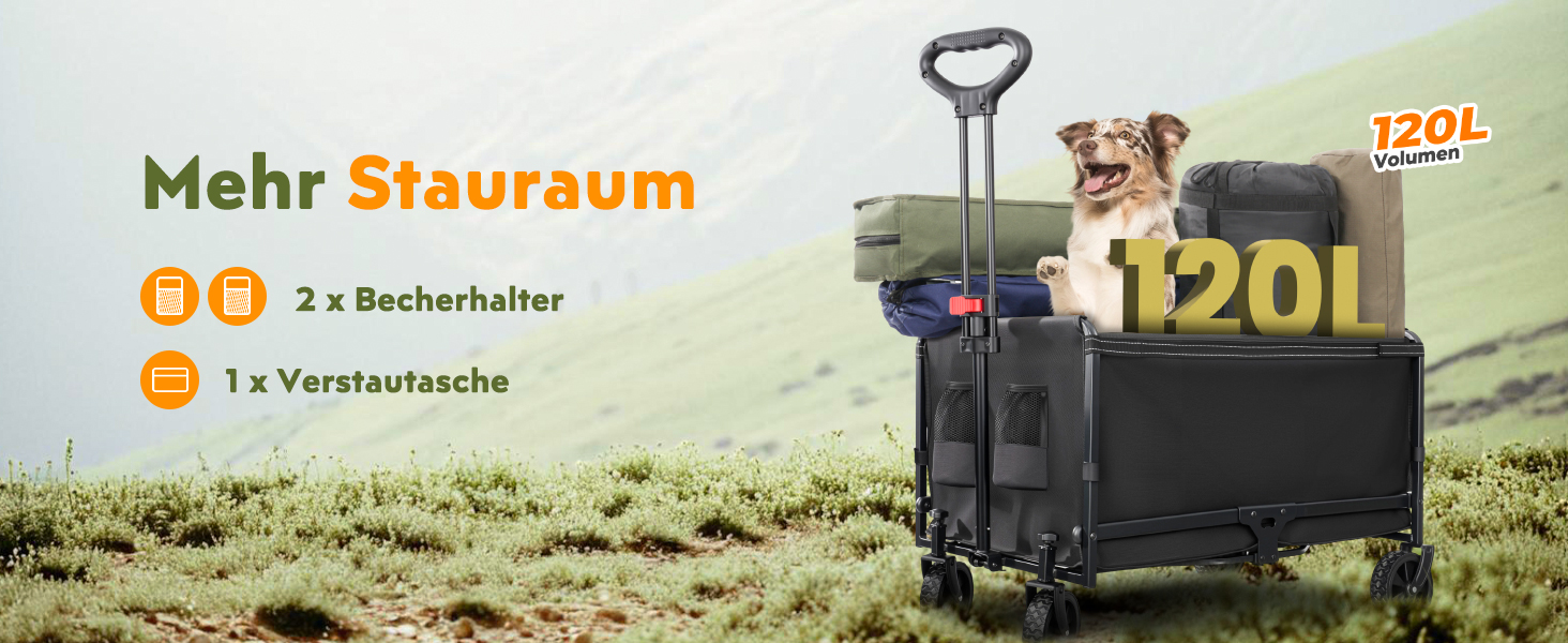 Складаний візок Bollerwagen 120L, до 120 кг з дощеміцким покриттям, тримачем для напоїв, світловідбиваючими смугами. Ідеальний для собак, покупок, кемпінгу, пляжу, транспортування та відпочинку на природі.