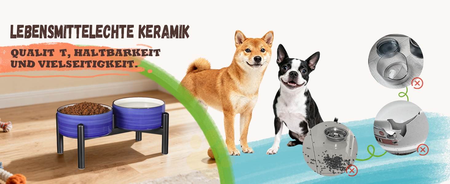 Керамічна годівниця для собак на підставці з нержавіючої сталі - подвійна годівниця для маленьких та середніх собак, антиковзаюча, для корму та води, 350г/660мл, 15см, блакитна