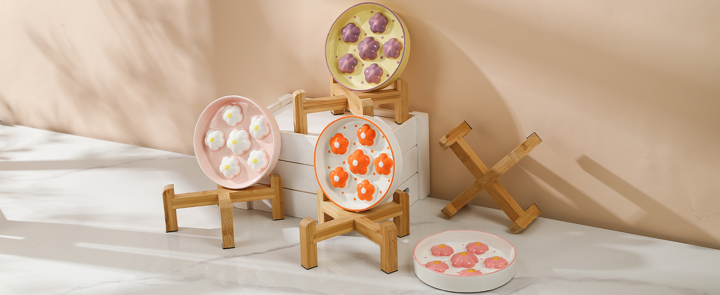 Підвищена годівниця для котів Anti Schling Napf - керамічна годівниця з антиковзним основанням, інтерактивна, для повільного годування, рожеві квіти