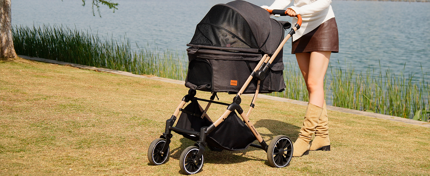 Візок для собак EchoSmile, складний, до 20 кг, для маленьких та середніх собак та котів, з поворотним ручкою, амортизацією та знімним чохлом (чорний)