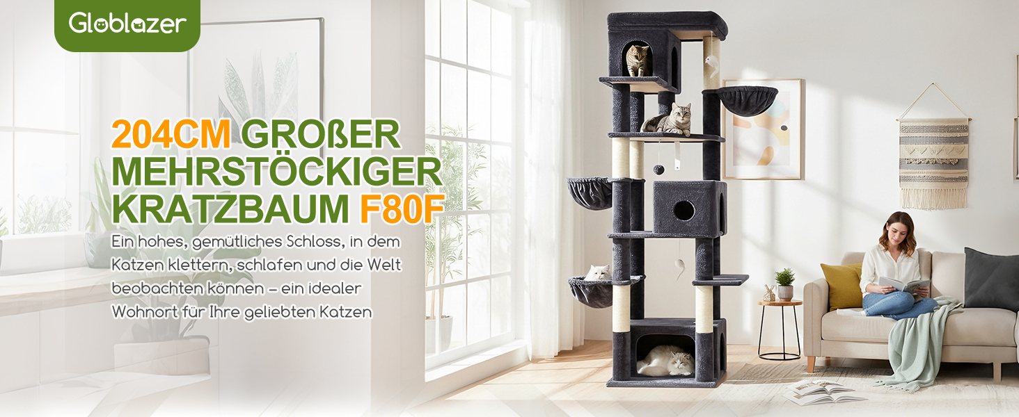 Кігтеточка Globlazer 204 см з 3 будиночками, 2 платформами, 3 м'якими будиночками для котів, стабільна, для 3-5 котів, відпочинок, ігри, дряпання, інтер'єр (Dunkelgrau)