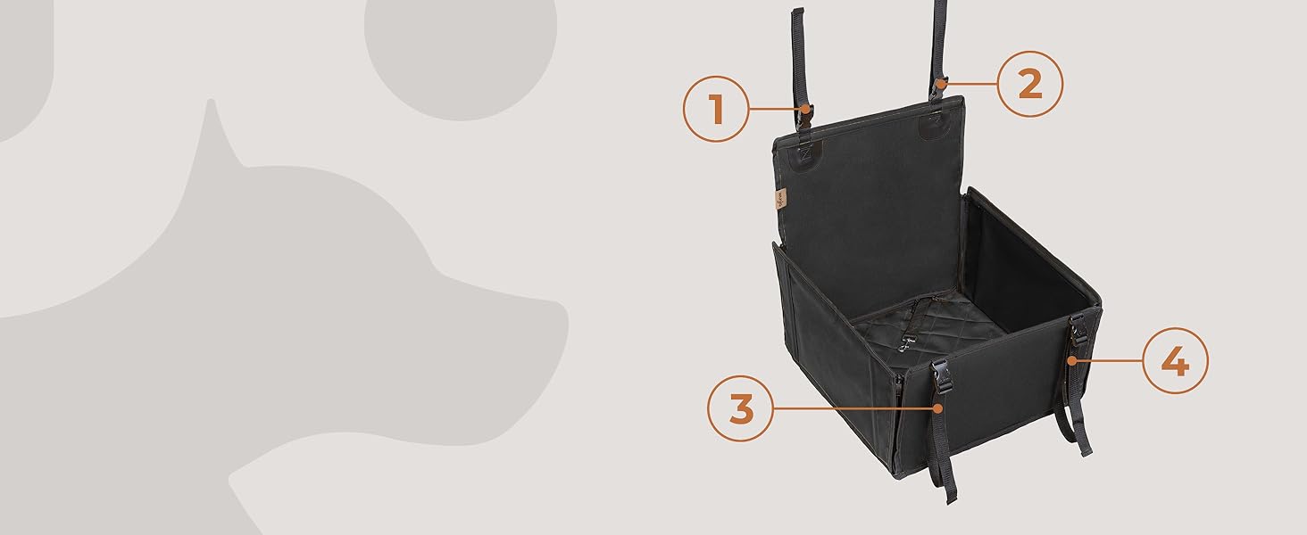 Автокрісло для собак WUGLO Extra Stable - чорне, для малих та середніх порід, водонепроникне, з 4 ременями кріплення