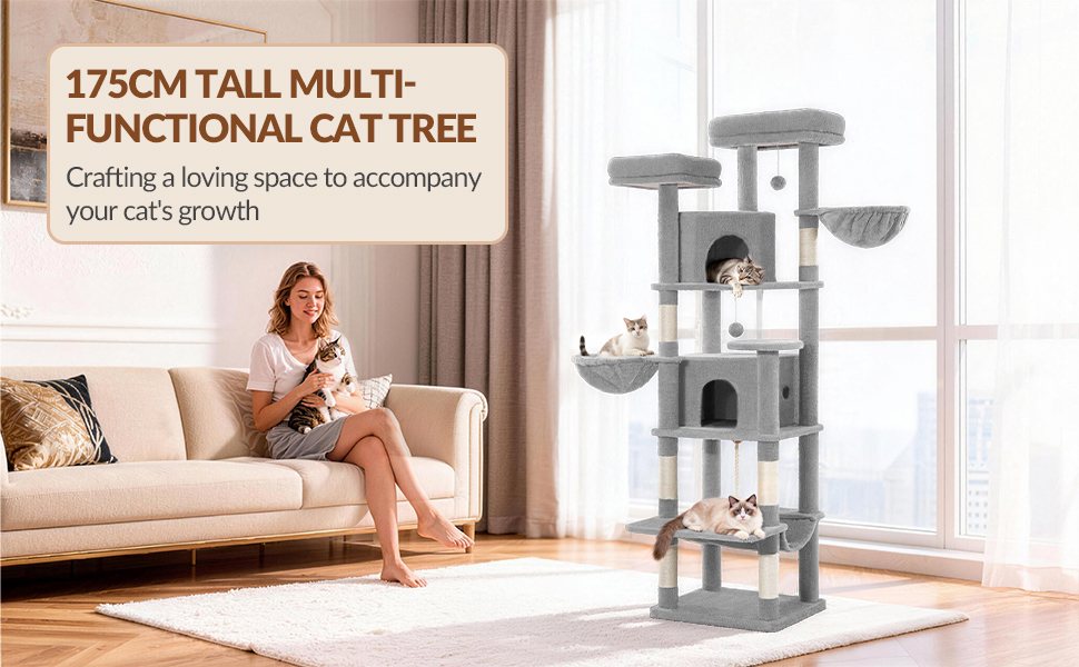 Котячий будиночок Kratzbaum Groß 216 см: великий, стабільний, з 2 печерами, 2 платформами, 2 кошиками та гамаком для дому. FPMS007FG1 (50x40x175 см, світло-сірий)