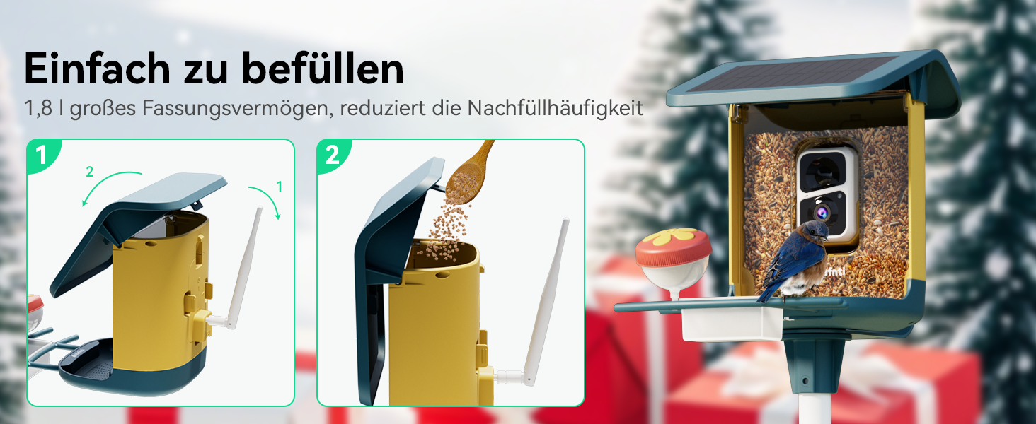 Сонячна годівниця для птахів з камерою 2K, з AI розпізнаванням понад 10 000 видів, об'єм 1.8L, IP65 водонепроникна, Wi-Fi 2.4 GHz/5 GHz, нічне бачення, подарунок для любителів птахів