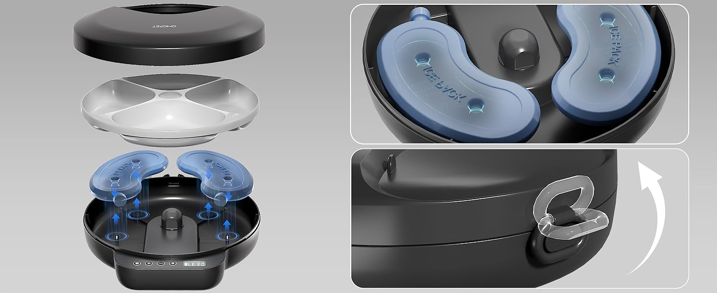 Автоматичний дозатор корму для котів та собак, 8oz*4 прийоми їжі, з таймером, з замком безпеки, з 2 охолоджувальними акумуляторами (Чорний)