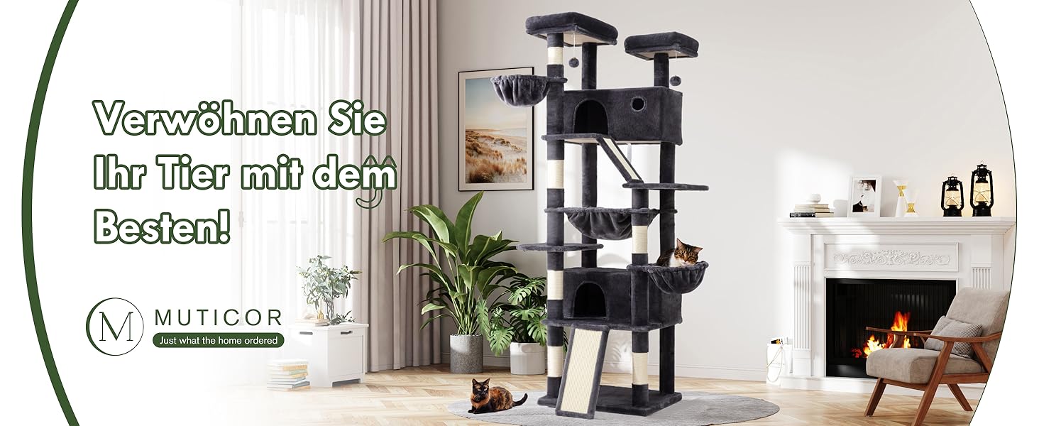 Котячий будиночок MUTICOR з когтеточкою, 206 см, багатоярусний, для великих котів, з гамаком, плюшеві платформи, широка база (темно-сірий)