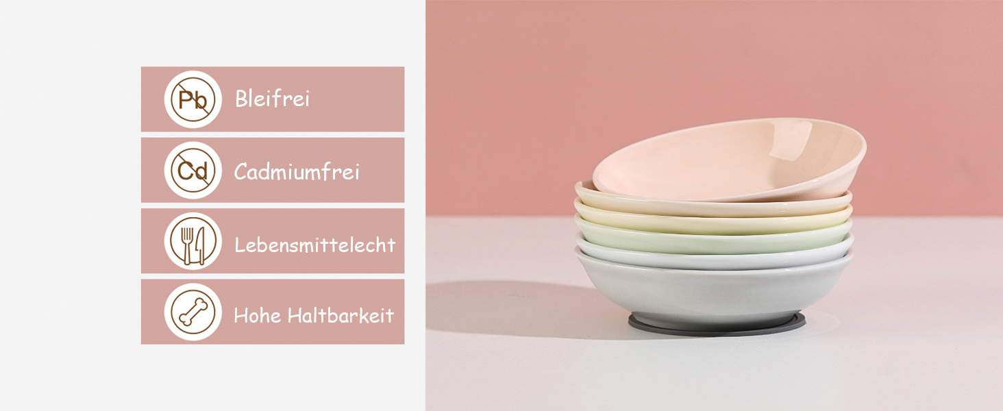 Набори мисок для котів з кераміки Katzennäpfe - 6 шт. Миски для корму котів у пастельних тонах. Широкі, плоскі, з міні-силіконовими подушечками. Підходять для мікрохвильової печі та мийки. Об'єм 250 мл, 6 кольорів