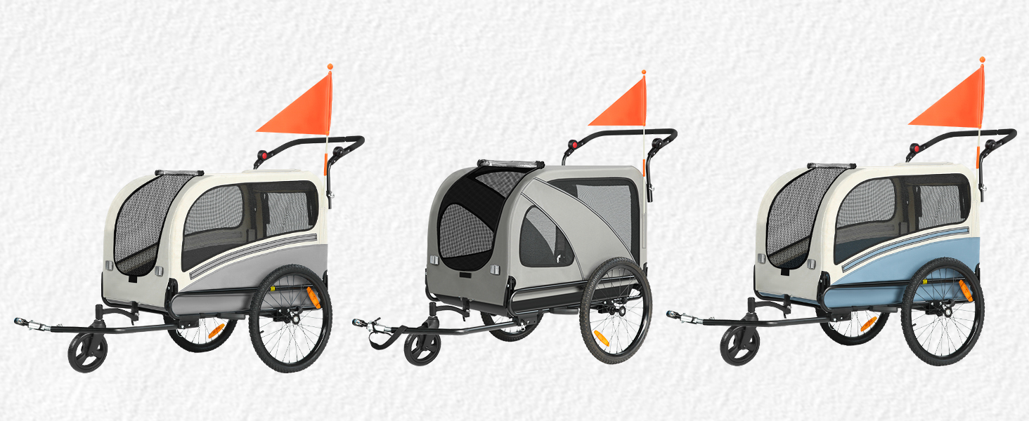 2-в-1 Причіп для собак XXL, Фарбований причіп для собак з дахом, Відбивачі та світловідбиваючі смуги, Універсальний з'єднувальний елемент для велосипеда, Регульована ручка-штовхач, Сірий