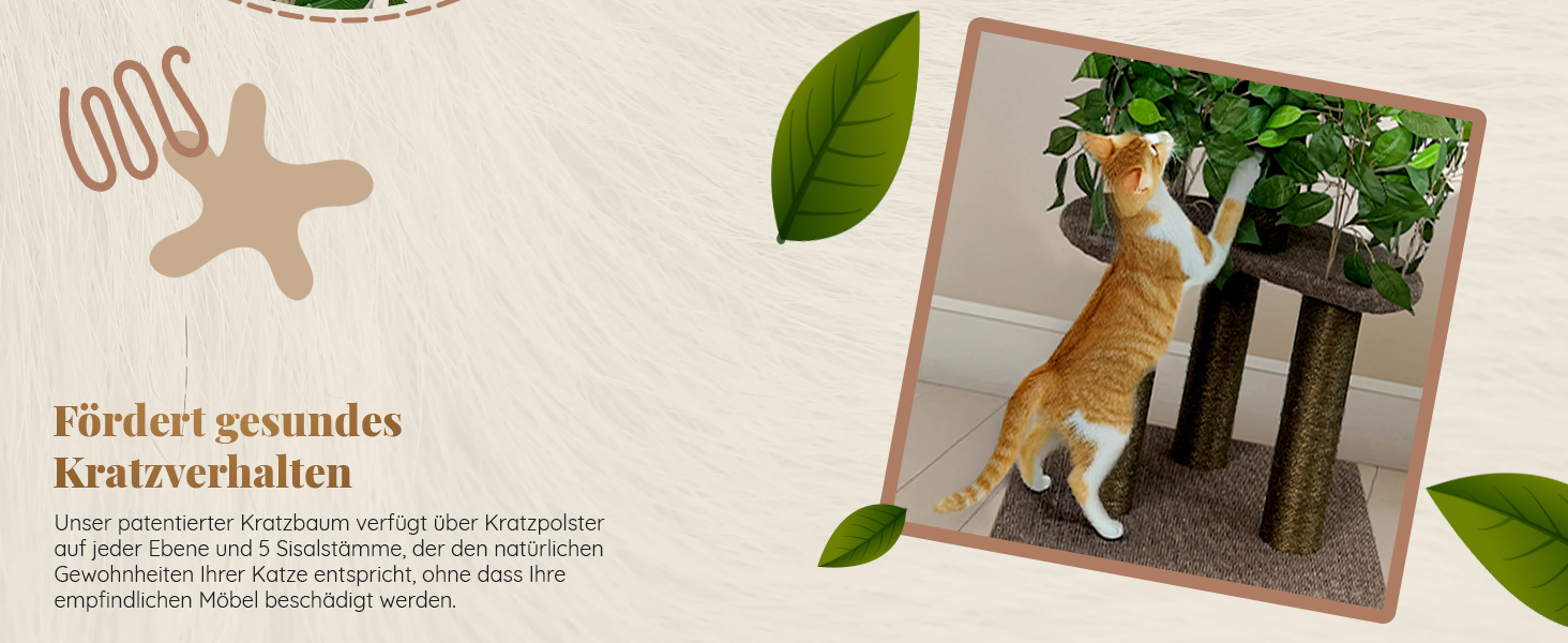 Котячий дряпак з листям, 4 рівні, 3 стовпи, стійкий і компактний, натуральний матеріал, для лазіння, відпочинку та сну, легка збірка, безпечний для домашніх тварин