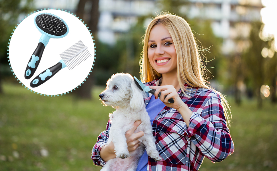 Бурштук для догляду за шерстю собак Tonyg-P, м'яка вичавкова щітка + двосторонній гребінець для собак з довгим волоссям (синій)