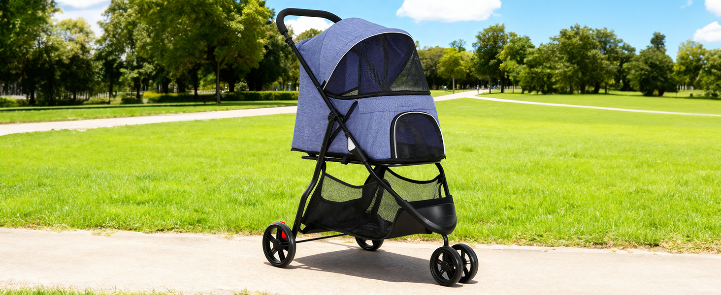 Візок для собак та котів YITAHOME 15 кг, 3 колеса, сітка, гальма, міцний, для середніх тварин (Джинсовий, 38 x 87 x 100 см)