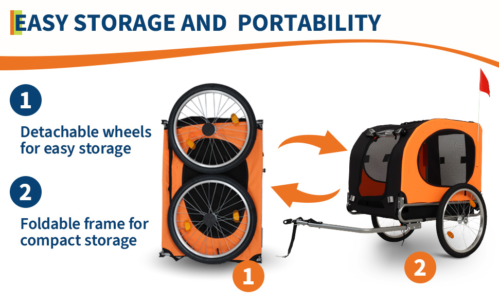 Дитячий велосипед-причеп для собак до 40 кг – з безпечною лідкою, прапорцем, 20-дюймовими шинами, амортизацією, водонепроникним покриттям з ПВХ, сталевим каркасом, вентиляційними вікнами – помаранчевий