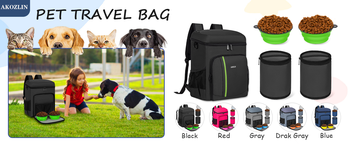 Рюкзак для собак AKOZLIN – двошаровий рюкзак для подорожей з 2 мішками для їжі та 2 складаними мисками, підходить для подорожей літаком, походів та кемпінгу