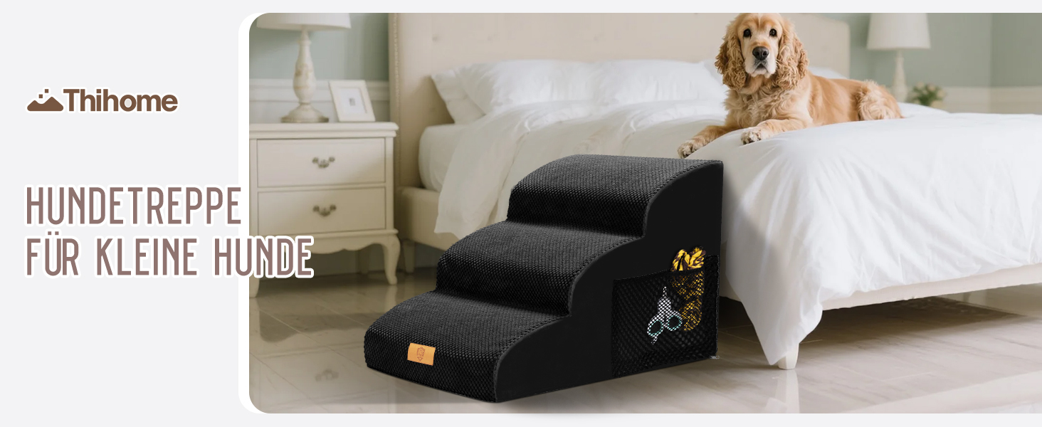 Сходинки для собак, 4 ступені, знімний поручень, неслизьке покриття, для ліжка та дивану, з високощільним губчастим наповнювачем (чорний)