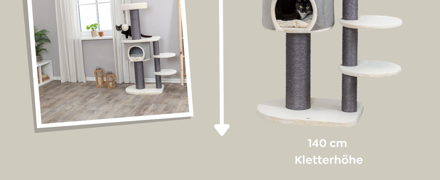 Дерев'яний будиночок для котів TRIXIE Marcello, 114 см, бежевий – багатоповерховий котячий будиночок з місцями для дряпання та іграми, стабільний та затишний