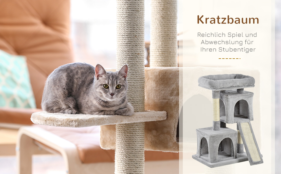 PawHut Когтеточка для котів 83 см, компактний котячий комплекс із сизалевими стовпами, ігровий будиночок для маленьких котів, світло-сірий