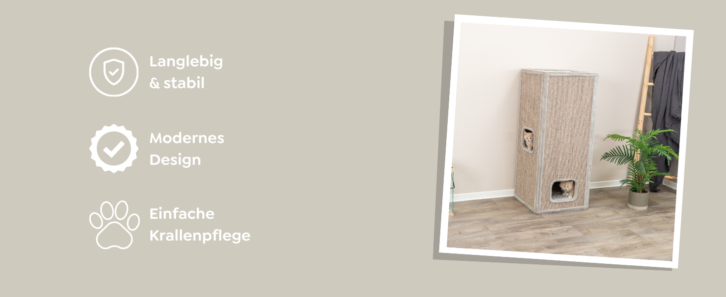 Кігтеточка TRIXIE Juno сіра, 116 см - двоярусна кігтеточка з 2 печерами, лежаком та килимом з сизалю - зручна та стійка