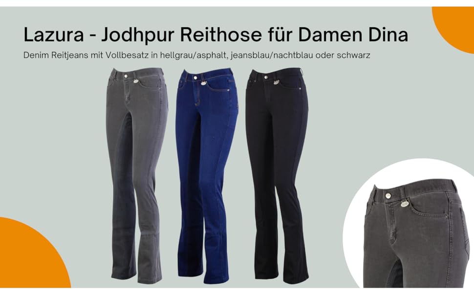 Лазура - жіночі рейтузи Джодхпур Діна | Джинсові рейтузи з повним обтягом | Дихаючі та еластичні рейтузи з повним обтягом | Джинсові рейтузи з 5 кишенями | Рейтузи для верхової їзди в 3 кольорах | Розміри 36-46 40 Джинсовий блакитний/Нічний блакитний