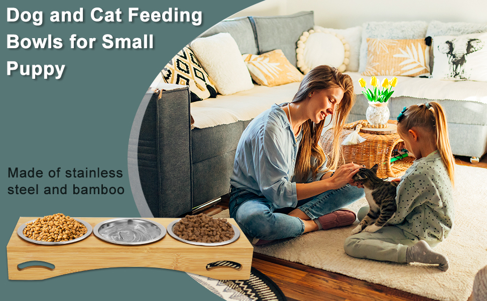 Набір мисок для котів та собак 3 шт. з підставкою з бамбука, підняті миски, нержавіюча сталь