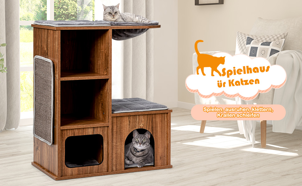 Клітка-кігтеточка для котів Costway з будиночком та килимками, дерев'яна, 69x39x80,5 см