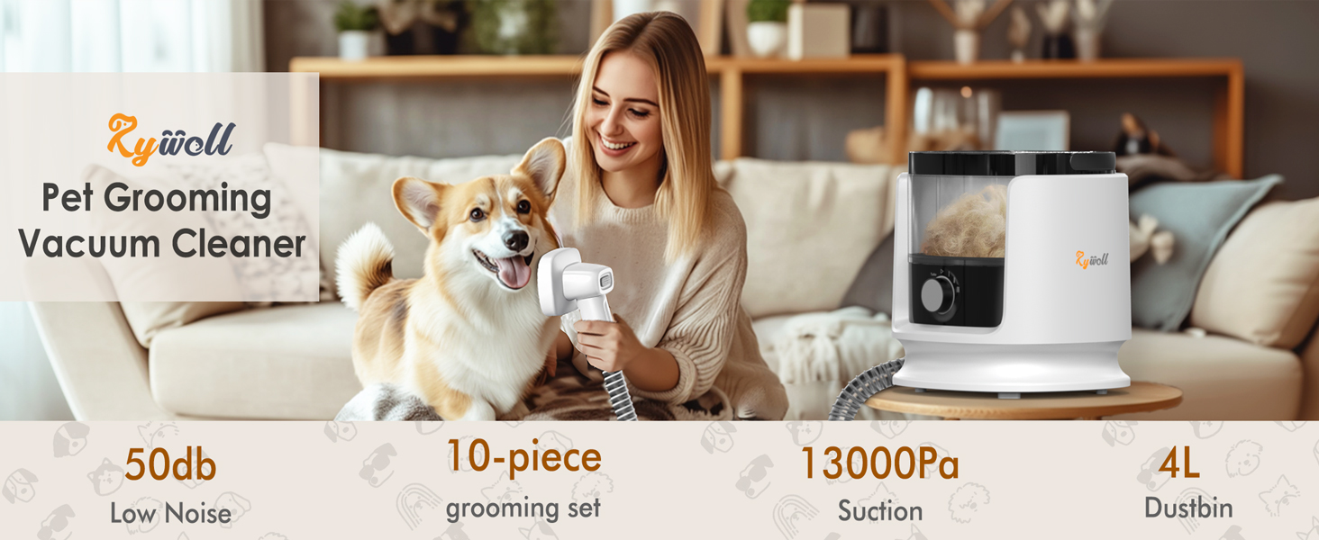 Rywell Професійна машинка для стрижки собак 4L з пилососом, 13000 Pa, 6 насадок для грумінгу, щітка для собак, пилосос для собак з щіткою, тиха