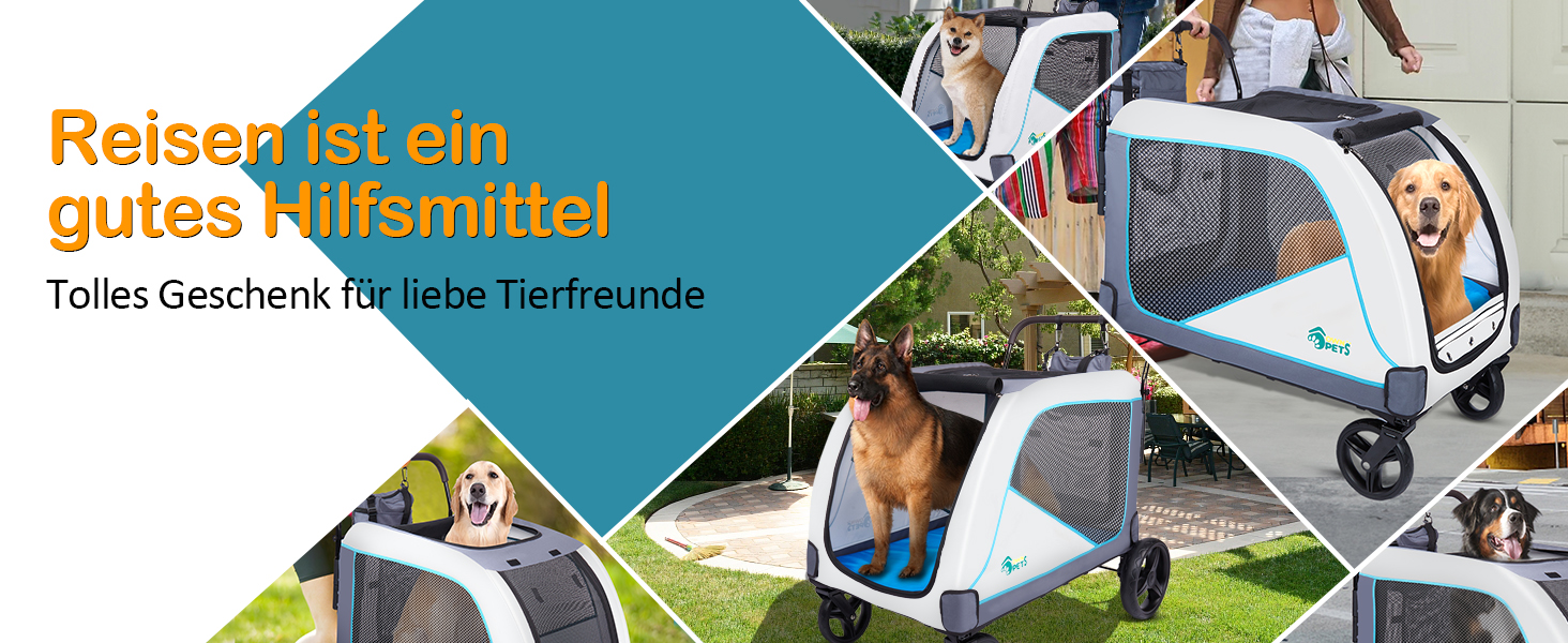 Візок для собак Ownpets XL для великих собак до 70 кг, з місткою сумкою, регульованою ручкою, дихаючим мережем, складний, 4 гумові колеса