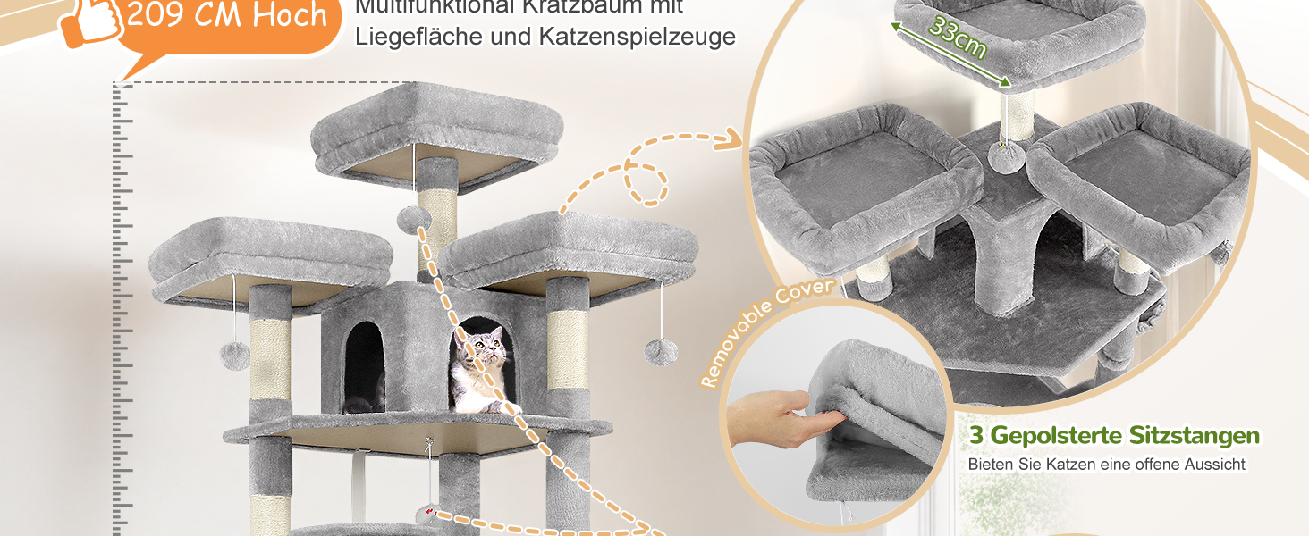 Драбина-кіготь Globlazer XXL 209 см з 3 м'якими стійками, 2 будиночками, 2 кошиками, великою платформою та іграшками для котів. Стабільна, для 3-5 котів.