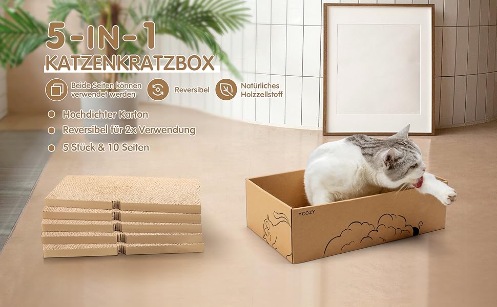 Ycozy Дряпальня для котів з будиночком та 5 дряпальними поверхнями, велика двостороння картонна дряпка для котів, високоякісний змінний картон, міцні котячі меблі
